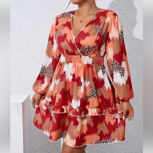 Plus Leopard Print Lantern Sleeve Ruffle Hem Beautiful Dress